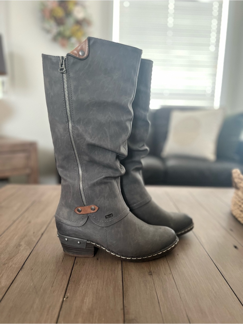 Rieker Gray Mid-Calf Zip Heeled Boots with Brown Accent